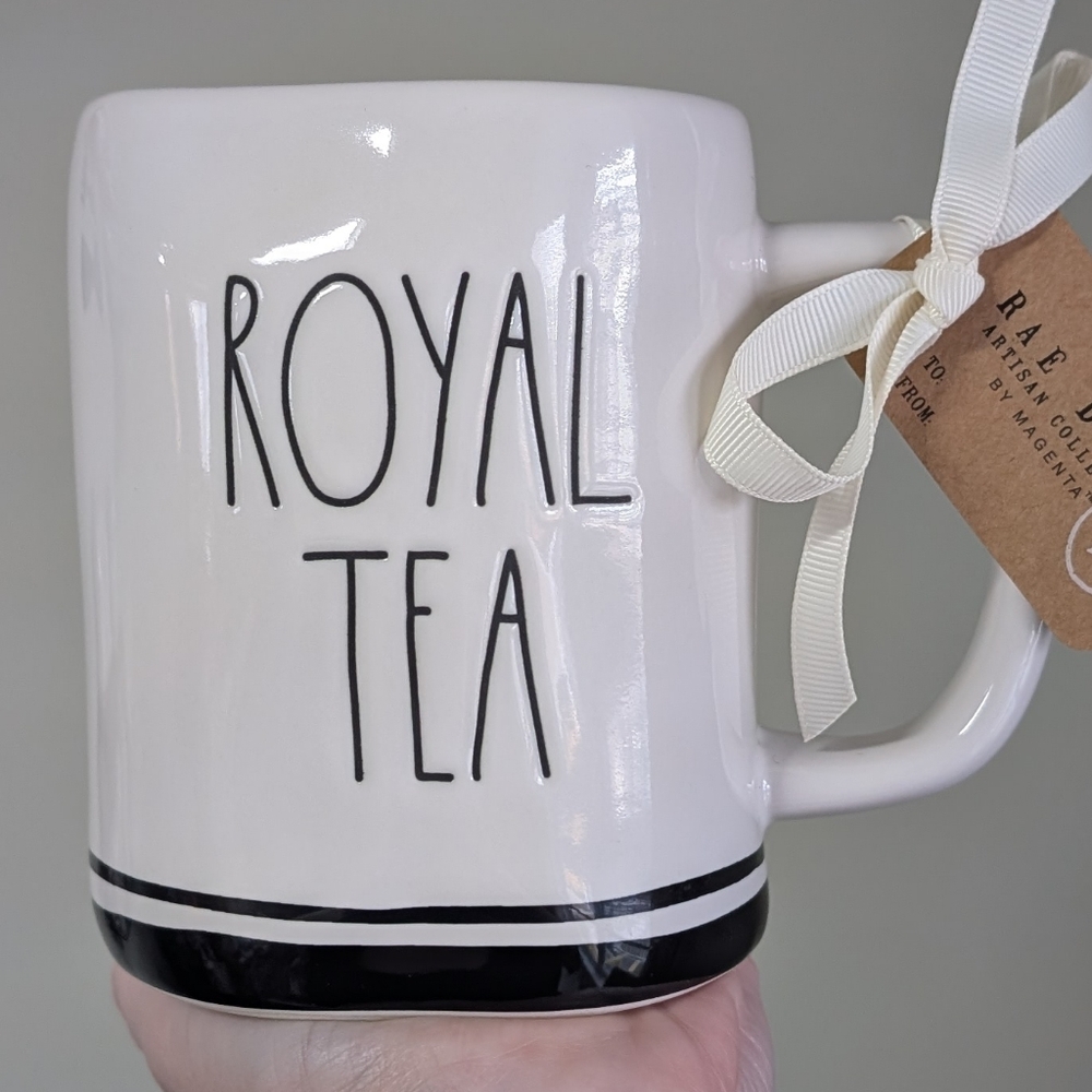 Rae Dunn ROYAL TEA Mug with Wraparound Black Lined Detail